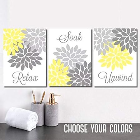 Nnnnooo Yellow Gray Bathroom Decor Bathroom Wall Art Canvas Or Prints Bathroom Decor Yellow Gray Flower 3 Pieces Relax Soak Unwind Wall Decor 8x10 Inch Amazon Co Uk Kitchen Home