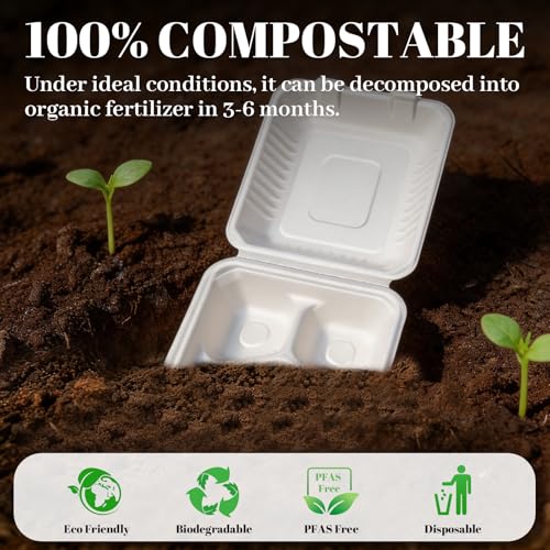 Lucklot 100 Pack Togo 8×9 Inch Disposable 3 Compartment White Clamshell Take Out Containers with Lids, To Go Takeout Lunch Boxes Compostable and Eco-Friendly Biodegradable Bagasse PFAS-Free for Food