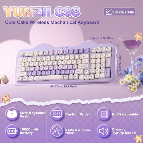 YUNZII C98 Wireless Mechanical Keyboard with Number Pad,98 Key BT5.0/2.4G/USB-C Hot Swap Gasket Mount with PBT MOA Keycaps,Custom RGB,Cute Cake Keyboard for Win/Mac (Purple, Candy Linear Switch)
