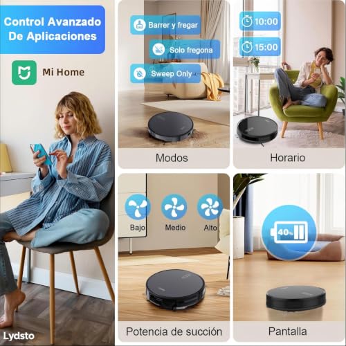 Lydsto G1 Aspirador y trapeadora, Aspiradora Robot Inteligente Trapeadora,con 2.4G Wi-Fi/App,Autocarga 5000pa, para Limpiar Cabello Y Pisos (Negro)