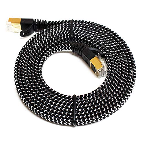 Tera Grand - 6FT - CAT7 10 Gigabit Ethernet Ultra Flat Patch Cable for Modem Router LAN Network - Braided Jacket, Gold Plated Shielded RJ45 Connectors, Faster Than CAT6a CAT6 CAT5e, Black & White - Thumbnail 3