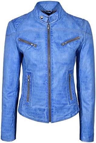 Speed Ladies Crocodile Print Blue Crust Biker Style Real Lambskin Leather Jacket SR-01