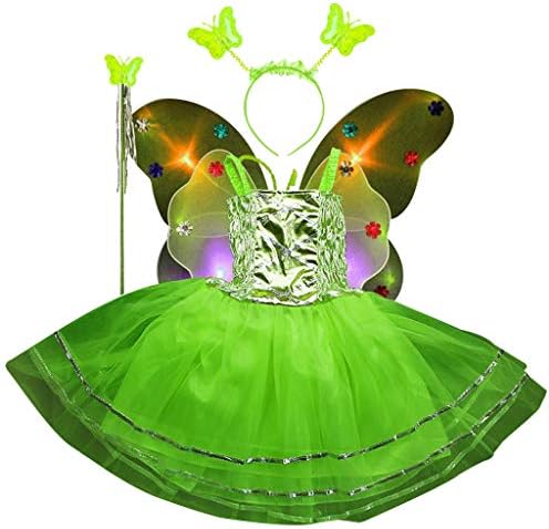 Pennyninis Hot Sale 4Pcs Fairy Costume Set Princess Girls Sleeveless Long Tutu Dress LED Double Layer Butterfly Wings Wand Headband Party Ages 3-10
