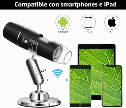Microscopio Digital WiFi USB con Aumento de 50X-1000X, WADEO Microscopio portátil con función de Foto y vídeo, 8 LED, para iPhone, iPad, Android, Mac y Windows, con Soporte metálico