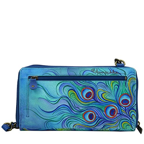 Anuschka Hand Painted Leather Women's Zip Around Rfid Crossbody Clutch | Jeweled Plume