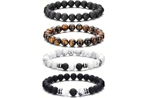 Joyandcelet Tiger Eye Beads Bracelet for Men Women, Natural Stone Bracelets for Men with 8mm Tiger Eye, Matte Agate, Lava Rock, Men's Link Bracelets Gifts for Birthday, Anniversary, Christmas