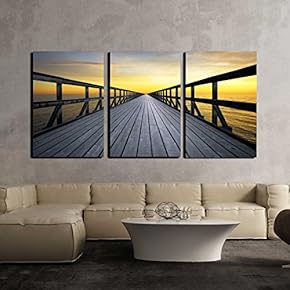 3 Piece Canvas Wall Art - Long pier Disappearing into Orange Sunset - Modern Home Art Stretched and Framed Ready to Hang - 16"x24"x3 Panels