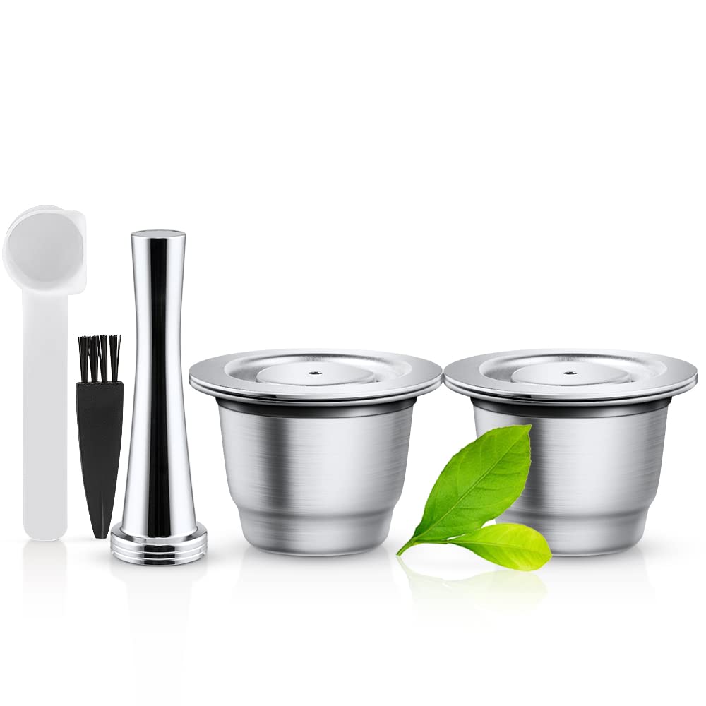 i Cafilas Reusable Nespresso Capsules, Stainless Steel, 2 x Refillable Pods for Original Nespresso Machines + 1 Tamper + 1 Spoon + 1 Brush