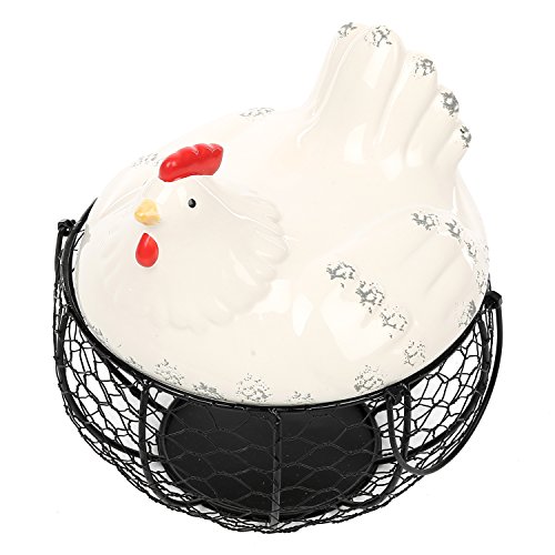 Black Metal Mesh Wire Egg Storage Basket with White Ceramic Farm Chicken Top and Handles