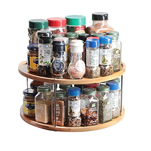 JackCubeDesign 360 Rotating Lazy Susan Bamboo Spice Jar Rack Kitchen Countertop Display Organizer Spice Bottle Worktop Holder Stand Shelf with Stunning 2 Tier(14 x 11.73 x 7.17 inches) – :MK383A