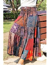 Falda de patchwork Maxi Full Flared Colorful Unique Boho Tiered 100% sedoso rayón