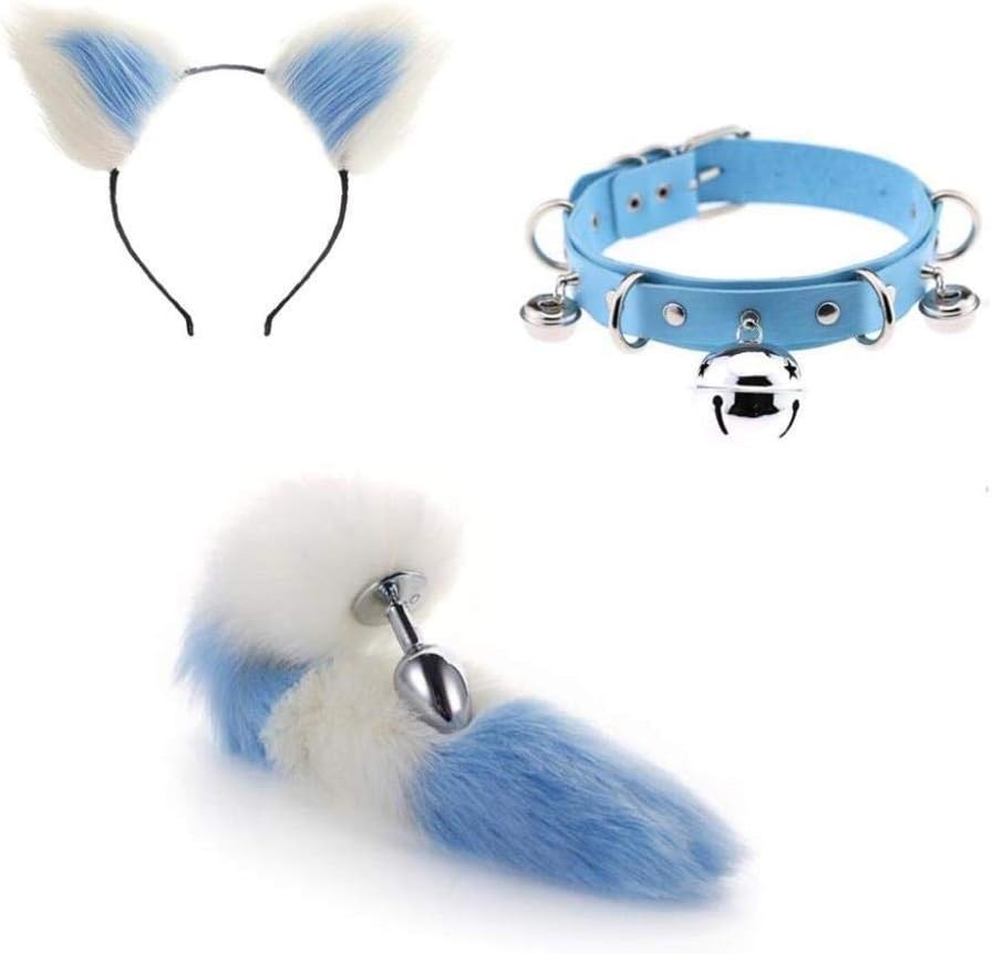 WNYY Lolita Cosplay Funny Toy Blue Leather Bell Collar, Blue-White Cat Ears Headband & Cute Fox Long Tail with Plug