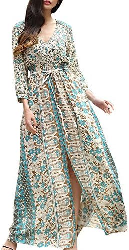 Jentouzz Womens Fashion Bow Floral Printed Boho Long Sleeve Maxi Dress with Belt Evening Party