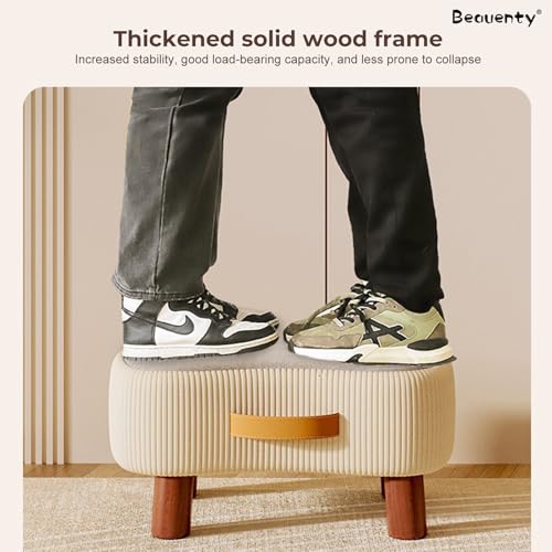 Beauenty Foot Stool, Sofa Stool with Handle, Soft Footrest Ottoman, Shoe-Changing Stools, Coffee Table Low Stools for Hallway, Living Room, Kitchen, Solid Wood Frame (Dark Gray)