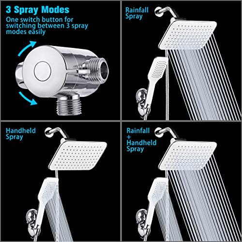 Shower Head Combo, Baban Adjustable High Pressure Rainfall Showerhead & Elegant Handheld Shower Head Combo with Strong Suction Cup Holder, 3-Way Water Diverter, 1.5M Stainless Steel Hose, Teflon Tape