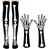 Infanote Halloween Skeleton Gloves Stockings Costume Set Thigh High Socks Full Finger Skull Gloves Skeleton Hands Bone for Halloween Cosplay Party Costume Accessories