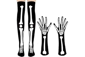 Infanote Halloween Skeleton Gloves Stockings Costume Set Thigh High Socks Full Finger Skull Gloves Skeleton Hands Bone for Halloween Cosplay Party Costume Accessories