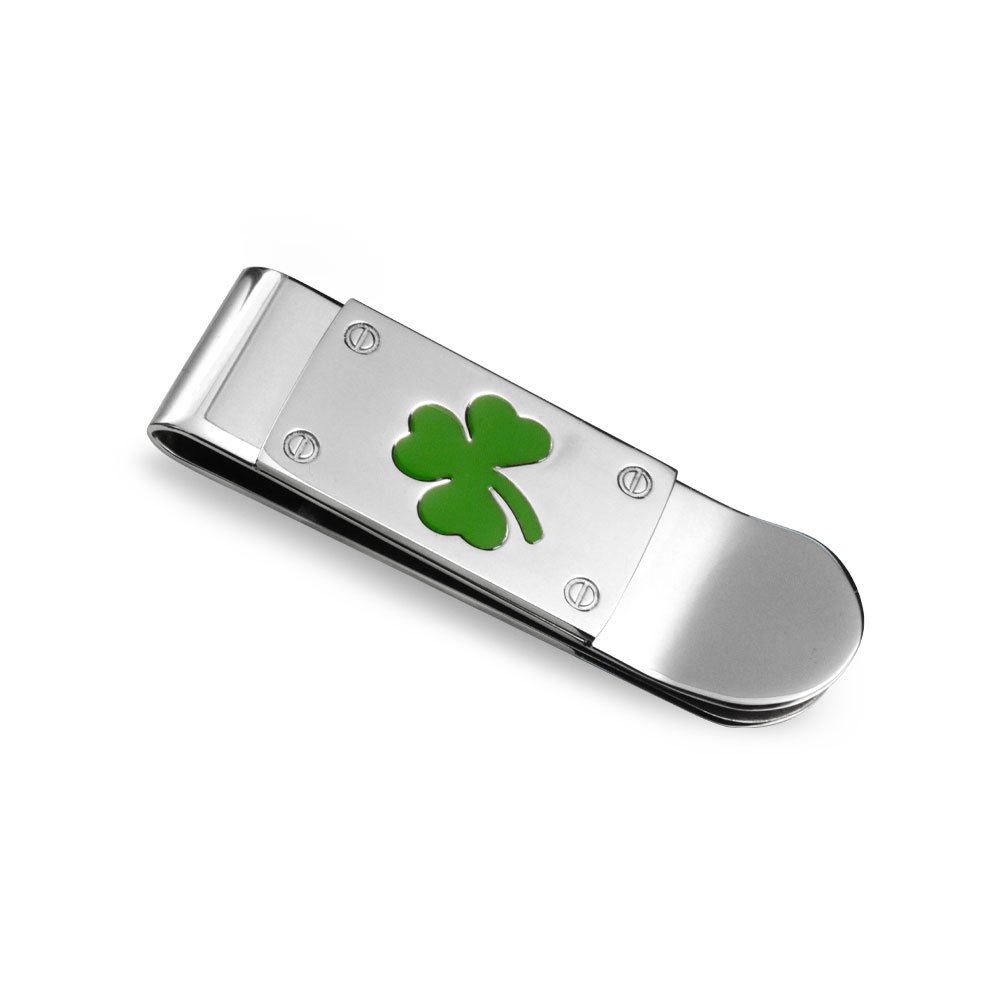 Personalized Gift Strong Good Luck Customizable Lucky Green Clover Kelly Green Shamrock Money Clip Credit Card For Men Graduation Engravable Silver Tone Stainless Steel