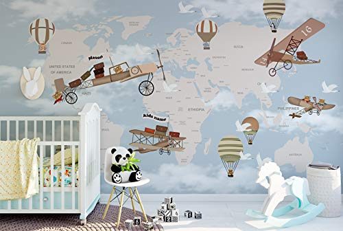 Map with Airplane Nursery Wallpaper Educational geography Wallpaper for Kids room Balloons Wall Mural for Baby Bedroom Slef-adhesive Fabric Wall Decal Removable