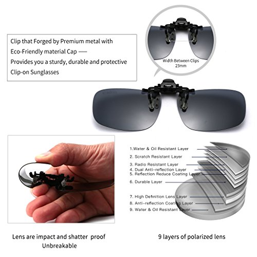 JESSIEDANTON Polarized Clip-on Flip Up Metal Clip Rimless Sunglasses, Lightweight, L Size, Black Lens