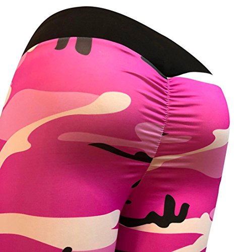 Paymenow Women's Camouflage Ruffled Yoga Pants Leggings Exercise Workout Pants Tummy Control Gym Tights (L, Hot Pink)