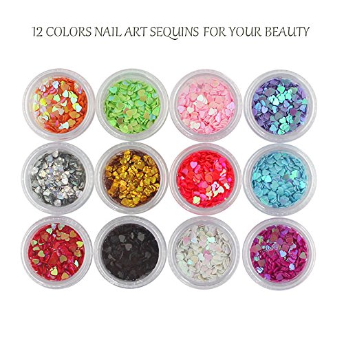 Like U Glitter Nail Art Chunky Sequins Manicure Glitter Powder Flakes 3D Nail Art Decoration, 12 Colors DIY Nail Art Kit (Heart Style)