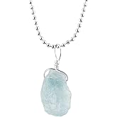 ZEMBIENCE Natural Raw Aquamarine Stone Pendant Necklace, Rough Gemstones, Healing Crystals, Silver Plated Chain, Gift for Women, March Birthstone, Dainty Necklace, Gemstones Jewelry Gifts, 18inch