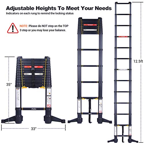 Ohuhu 12.5 FT Premium Aluminum Telescoping Ladder for Home, ONEButton