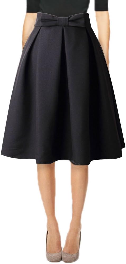 Womens 50s Vintage Skirt Knee Length High Waist Pleated Midi Bow Skirts