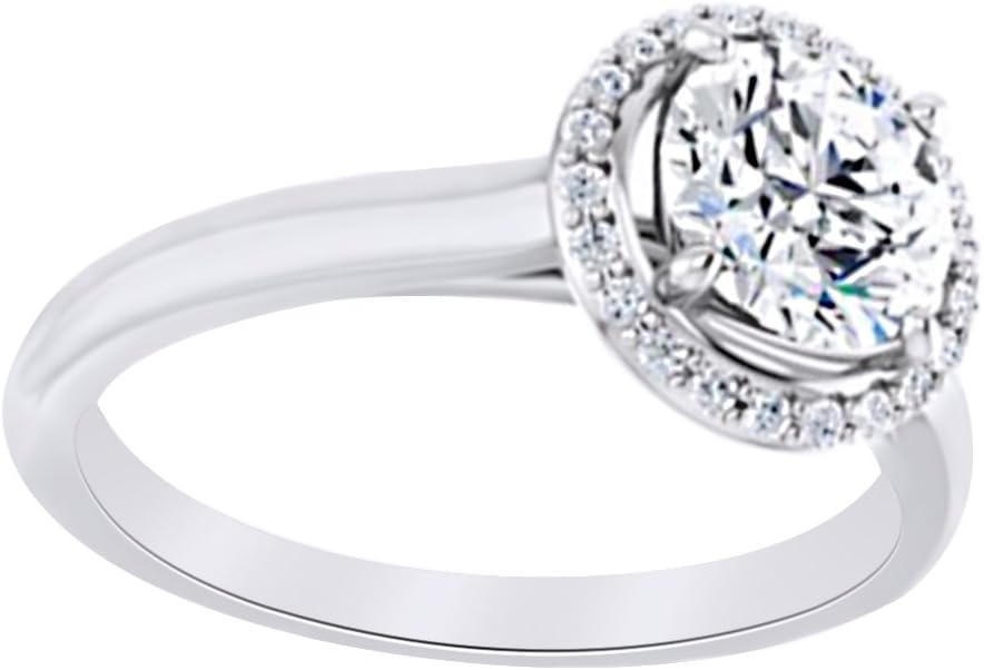 AFFY Round Cut Simulated White Moissanite with Natural Diamond Halo Solitaire Ring in 14K Solid Gold