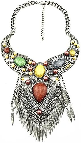 Tassels Maxi Necklaces Gem Crystal Beads Statement Necklace Vintage Stone Chocker Chain (Grey)