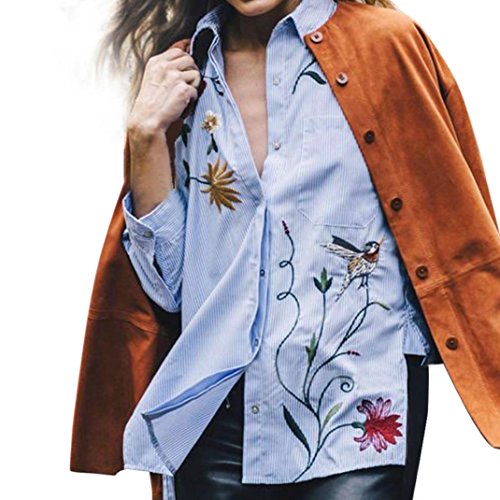 Women Blouse, Neartime Loose Long Sleeve Embroidered Floral Cotton Shirt Tops Fashion Blouse (M, Blue)