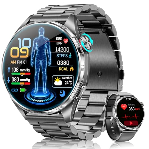 FOSMET Nuevo Reloj Inteligente Hombre con ECG/HRV/BMI, Android iOS Negro | 1.45" AMOLED, Micro Chequeo, 24H Frecuencia Cardíaca, Presión Arterial, SpO2, Sueño, 5 ATM, Llamadas, SOS, 120+ Deportivos