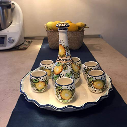 CERAMICHE D'ARTE PARRINI - Italian Ceramic Pottery Set Tray + Bottle + 6 Cups Limoncello Liqueur Shot Glasses Decorated Lemons Hand Painted Made in ITALY Tuscan - Thumbnail 2
