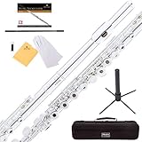 Mendini by Cecilio Silver Plated Open Hole C Flute with Italian Pads, Stand, Pocketbook and Deluxe Case, MFE-22S