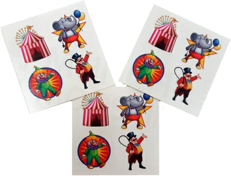 MunchieMoosKids Pack of 12 - Circus Carnival Big Top Temporary Tattoos - Party Bag Bags Book Fillers Supplies