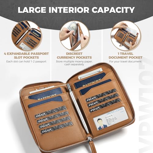 VULKIT Leather Family Passport Holder for 4-6 Passports, Premium Document Organizer Case, Large Travel Wallet for Couples and Families.
