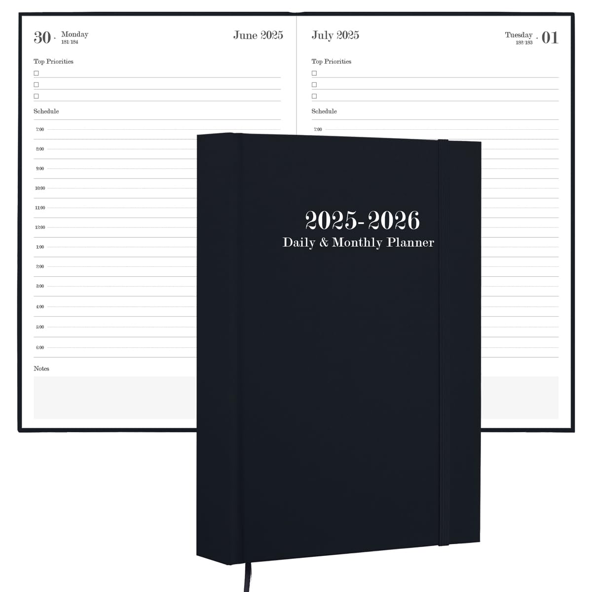 Photo 1 of 2025-2026 Daily & Monthly Planner - 2025 2026 Academic Year Planner One Page Per Day from July 2025 to June 2026, Hourly Appointment Book Perfect Organizer Daily Life, Fabric Cover, 5.8'' x 8.3'', Black