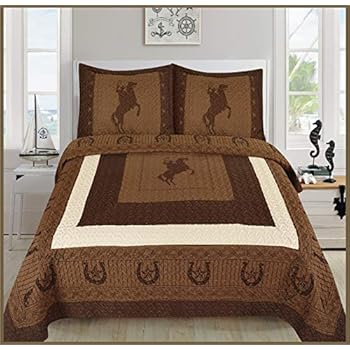 Sapphire Home 3 Piece Queen Size Quilt Bedspread Set w/2 Pillow Shams, Western Design Collection, Wild Horse Country/Horseshoe/Star/Cowboy Design, Queen Western Coffee/Dark Brown/Beige