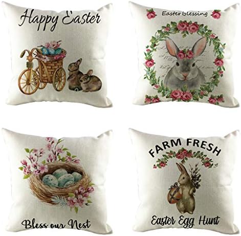 4-Pack Hello Spring Easter Throw Pillow Cover Vintage Bicycle Flower Cushion Case 18 x 18 Inch for Home Sofa Decorative