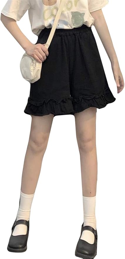 Amazon Ellteショートパンツ レディース キュロット 可愛い 無地 春 夏 キュロットスカート フリル 森ガール 黒 白 ハイウエストショーツ ワイドパンツ ゆったり 韓国風 ウエストゴム カジュアル 通学 ブラック ショートパンツ 通販