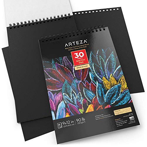 image for ARTEZA 9X12” Black Sketch Pad, Pack of 2, 60 Sheets (90lb/150gsm), 3
