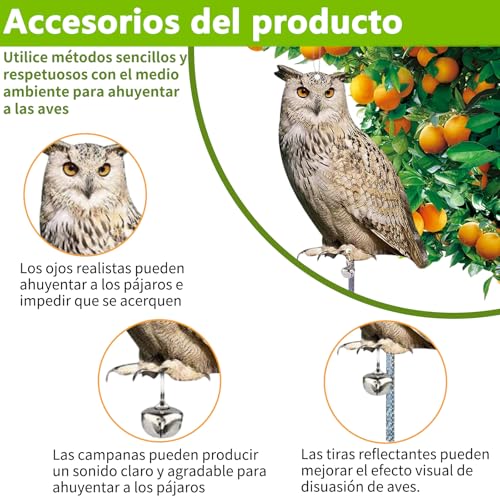 OWHDJH Paquete de 4 Buhos para Ahuyentar Palomas, Espanta Palomas con Campanas, Búho Espantapájaros, para Jardín al Aire Libre, ahuyentar Ardillas, Conejos y pájaros