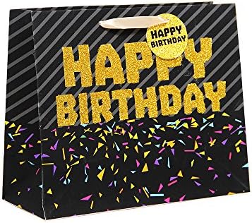 Medium Black &amp; Gold Glitter Birthday Gift Bags - 3 Pack, 12.5" x 10.5"x 5"