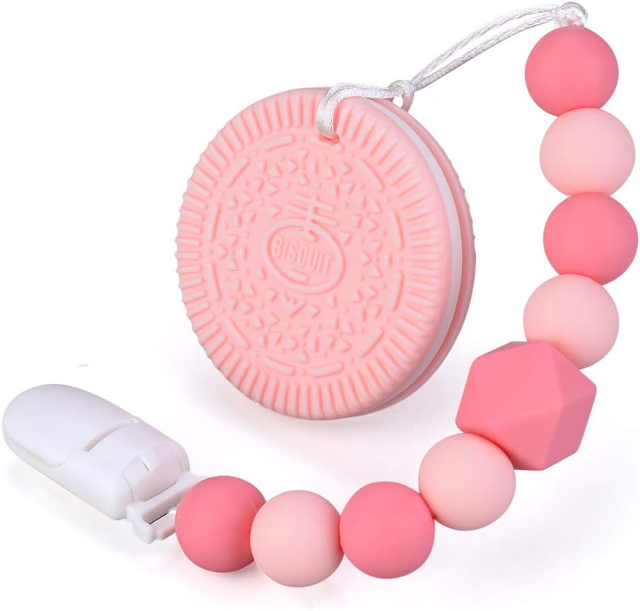 crayfomo Baby Biscuit Teething Toys, BPA Free Silicone Cookie Teether with Beaded Pacifier Clip Holder for Toddler & Infant, Natural Organic Silicone Teething Toys for Baby
