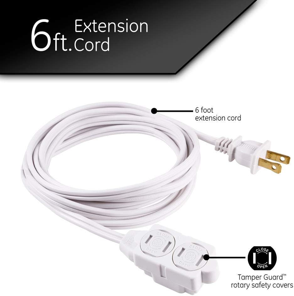 GE 6 Ft Extension Cord, 3 Outlet Power Strip, 2 Prong, 16 Gauge, Twist-to-Close Safety Outlet Covers, Indoor Rated, Perfect for Home, Office or Kitchen, UL Listed, White, 51937: Home Improvement