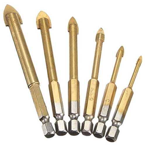 NUZAMAS Set of 6 Titanium Coated Glass Drill Bits Set with 1/4" Hex Shank for Ceramic Tile Marble Mirror and Glass, 4mm 5mm 6mm 8mm 10mm 12mm