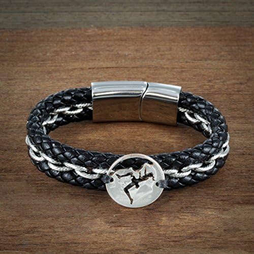 Rock Climbing Leather Bracelet, Guy or Girl Design, Rock Climber Jewelry, Rockclimbing cut coin, Men or Women's gift, By Namecoins