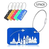 Fewao Luggage Tags for Suitcases, 5 Pack Travel ID Tags with Cable, Aluminium Travel Labels Name and Address for Luggage, Suitcases, Hand Bag - with Unique Pattern, Anti-Rust (Multicolor)