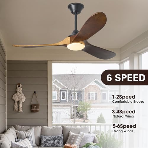 KUNYWOOE 52“ Ceiling Fan with Lights and Remote, App Control, 3 Solid Wood Fan Blades, Dimmable LED, 6 Fan Speeds Reversible for Bedrooms, Living Room, Outdoor Ceiling Fan for Patios (Walnut)